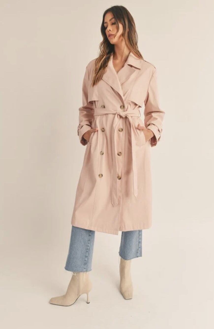 Amable By Mable Women’s Dusty Rose Faux Leather Trench Coat Size M Spring Anthro